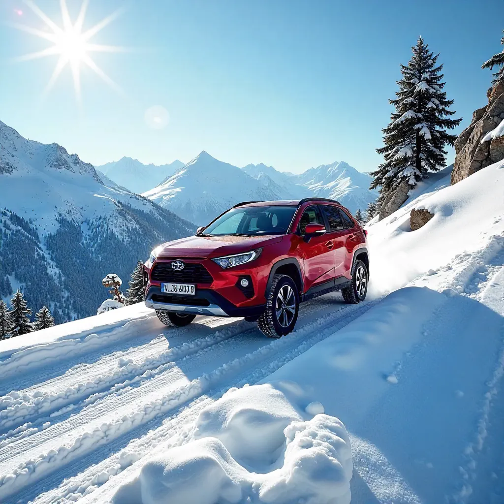 Red SUV Climbing Snowy Slope Near Trabzon