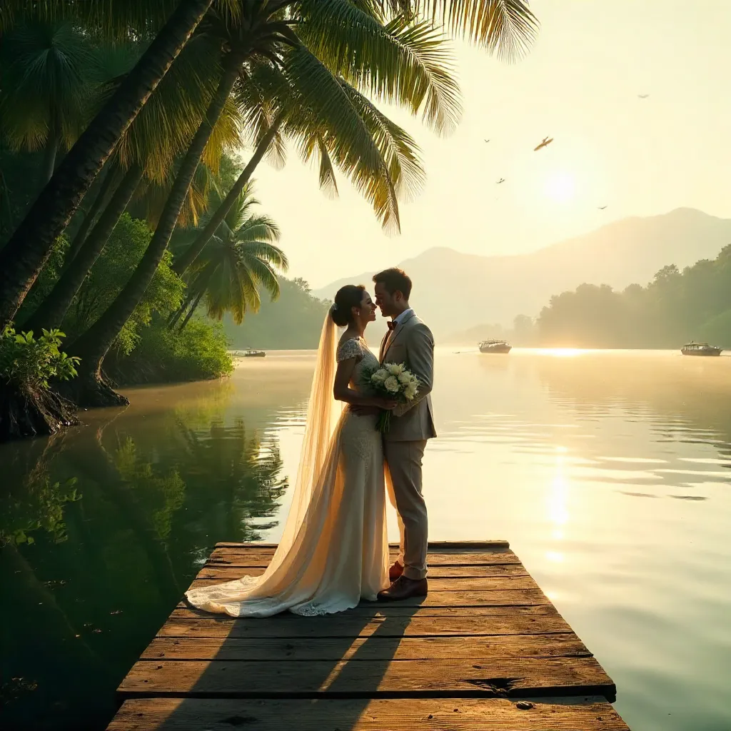 Bride and Groom Embrace on Indonesian Lake Dock
