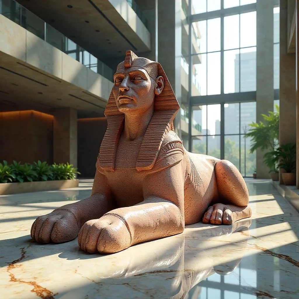 Photorealistic Sphinx in a Skyscraper Atrium