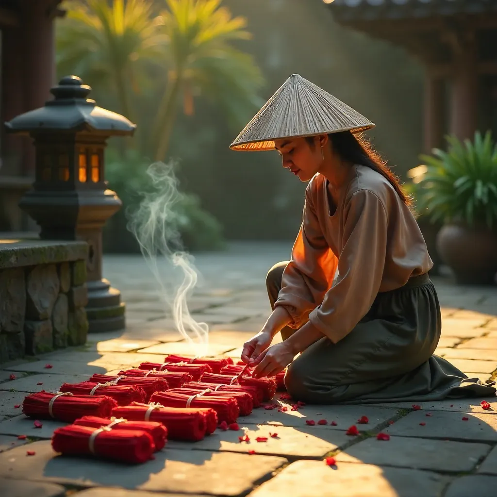 Red Incense Bundles in a Sunlit Courtyard