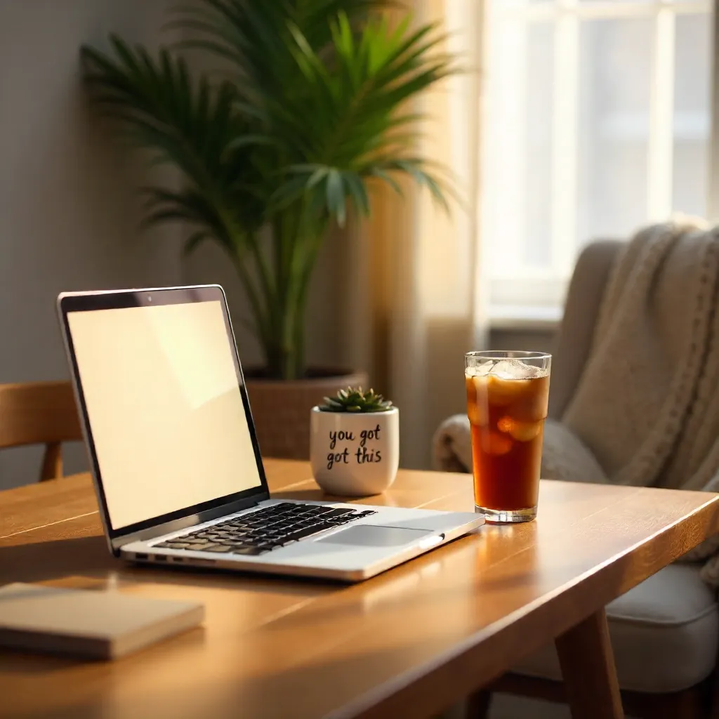 Cozy Laptop Desk with Iced Coffee and Motivational Note