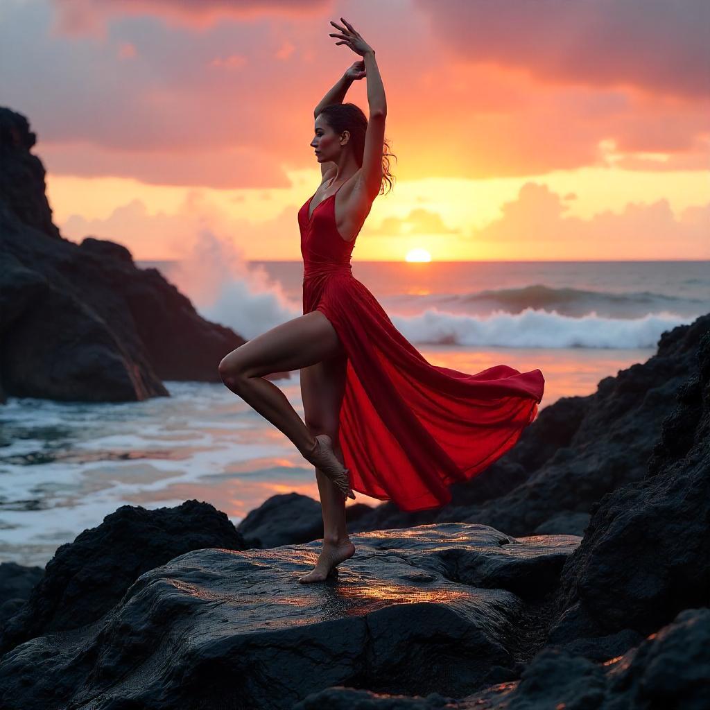 Photoreal Dancer on Volcanic Rocks at Sunset