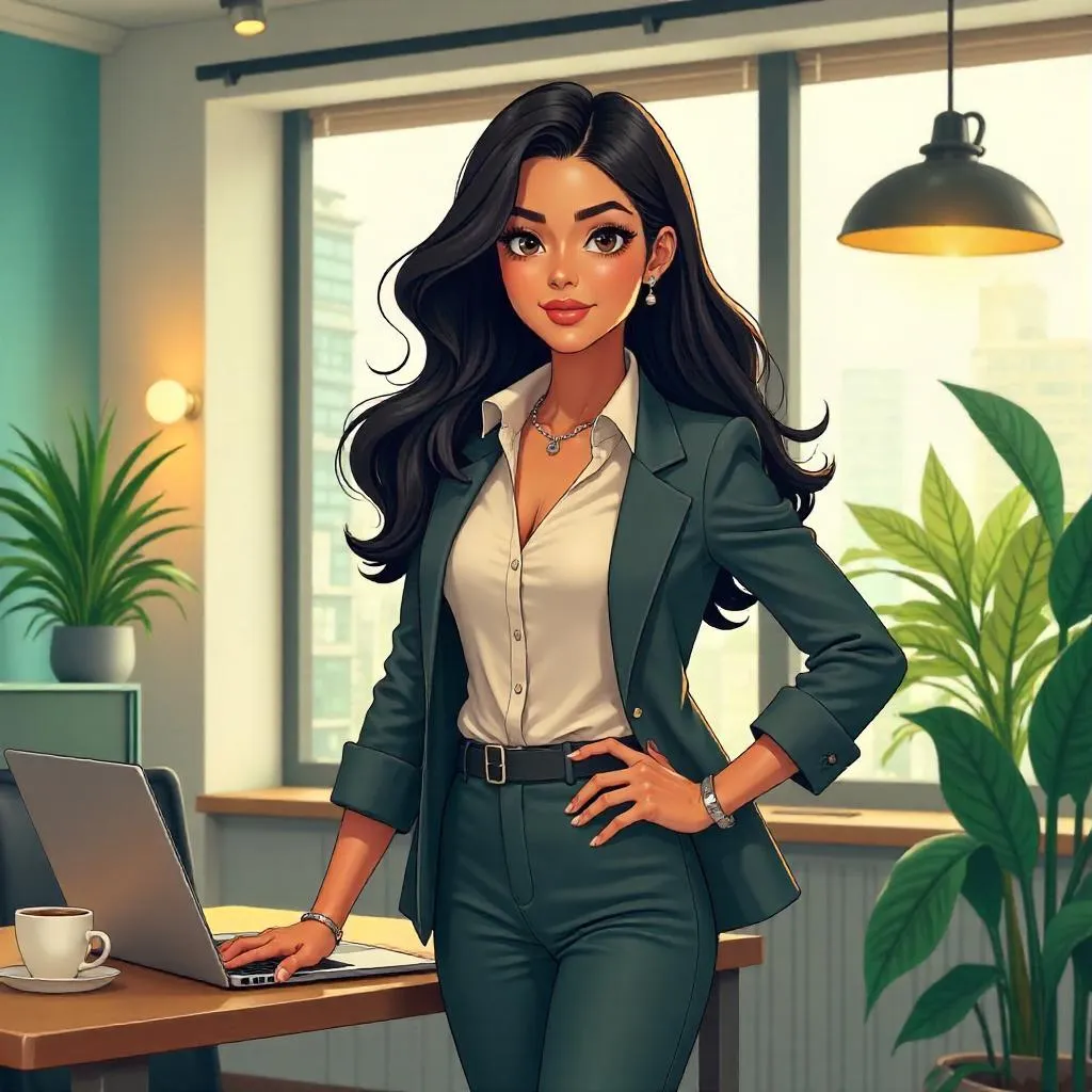 Confident Latina Woman in Anime Coworking Space
