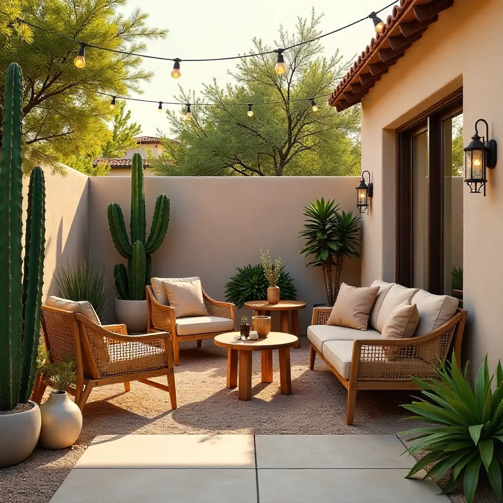 Desert Oasis Patio: Wooden Tables and Cacti