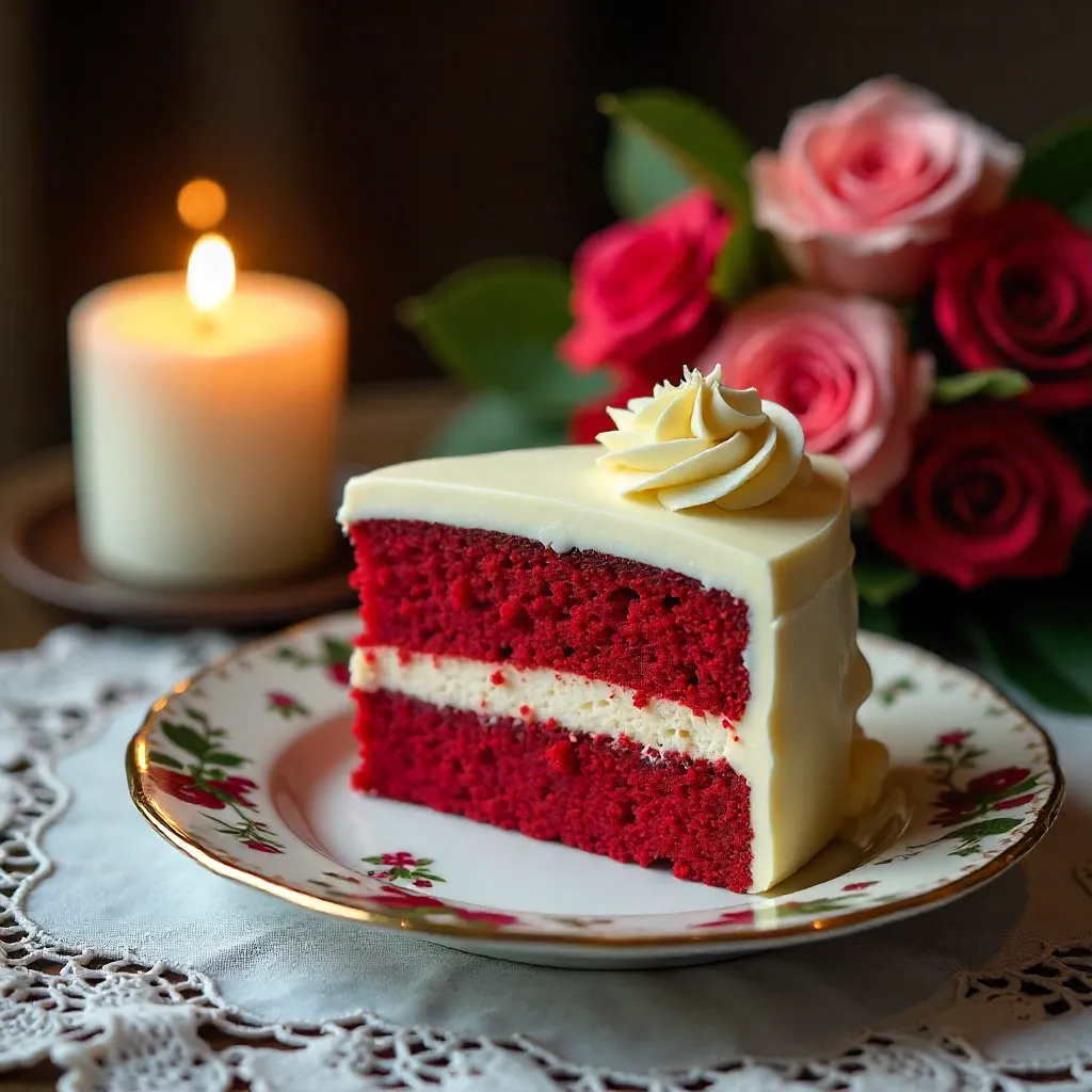 Red Velvet Cake Slice with Rose Bouquet on Lace