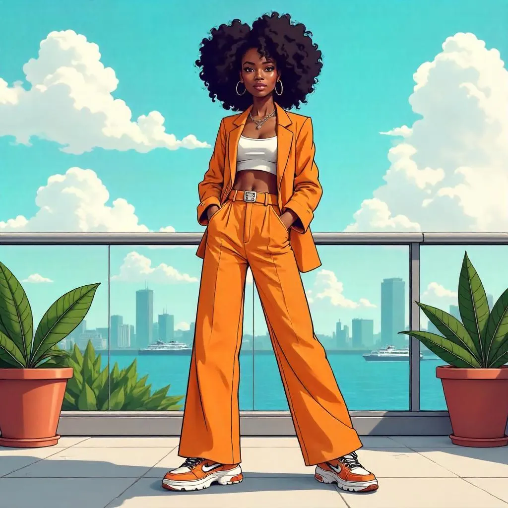 Stylish Black Girl on a Terrace — Cartoon Portrait