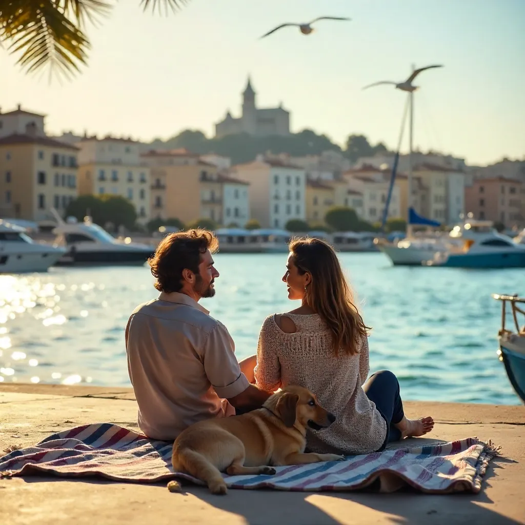 Couple and Dog Relaxing by Marseille Harbor at Sunset