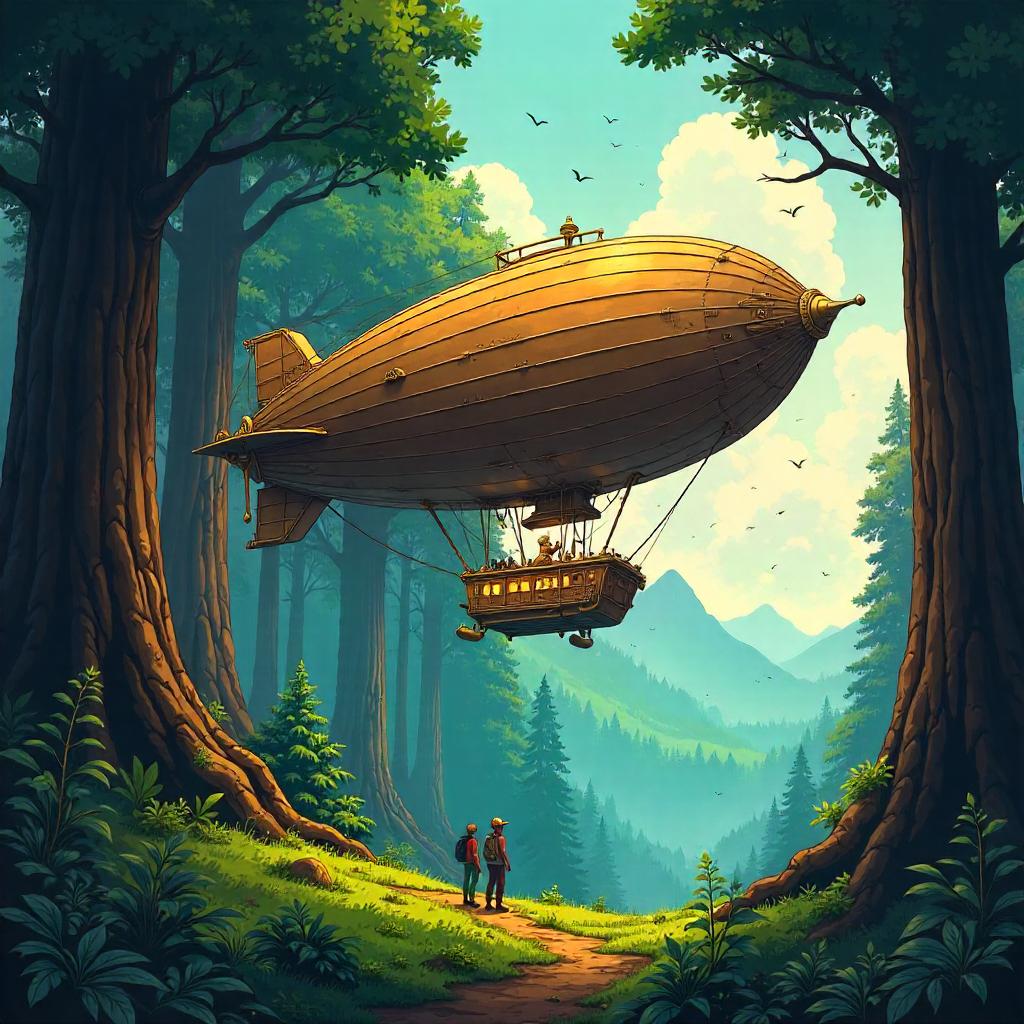 Anime Airship Over Redwood Forest