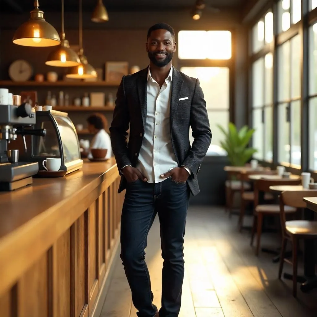 Confident Black Man in a Café - 3D Render