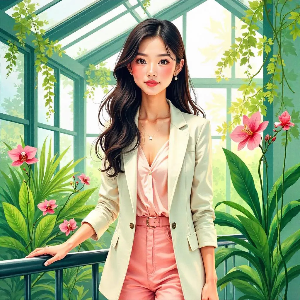 Watercolor Chic: Asian Girl in a Conservatory
