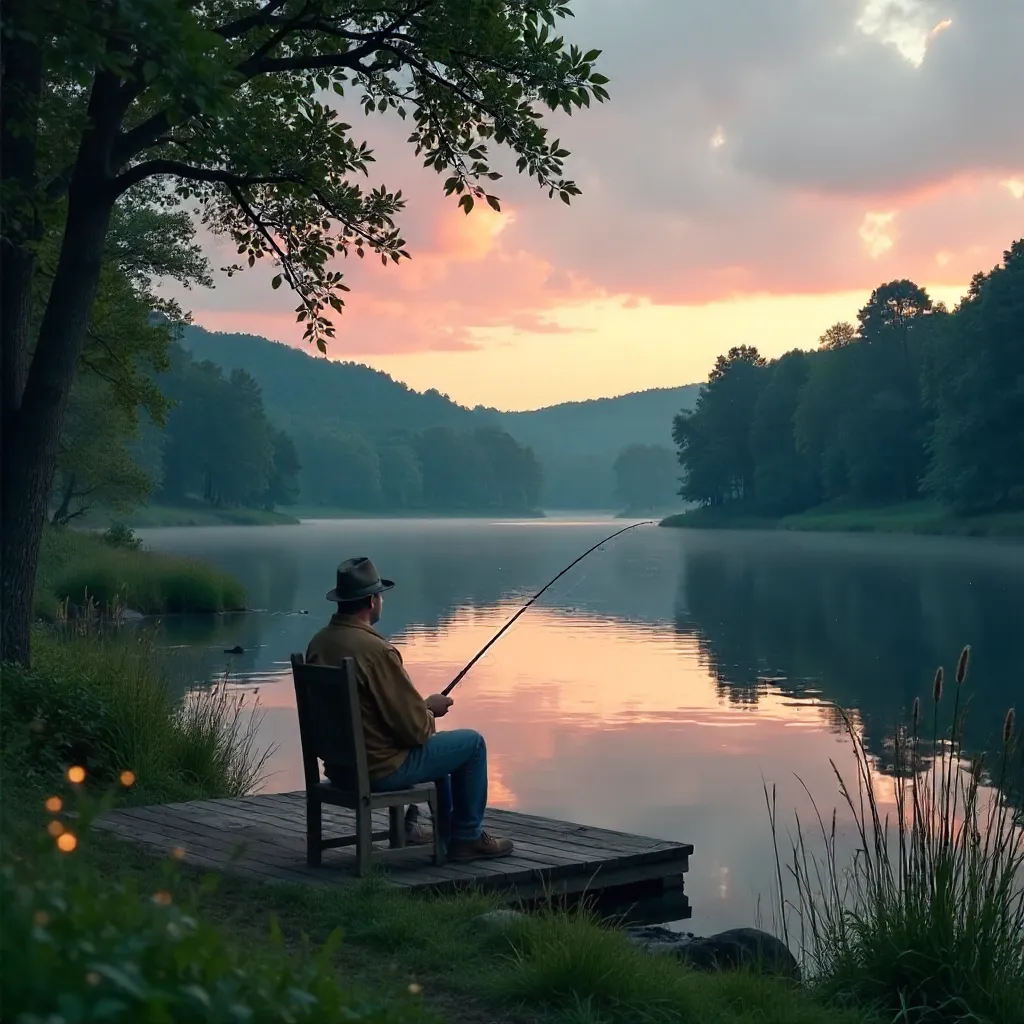 Dusk by the Lakeside: Fishing in Quiet Greenery