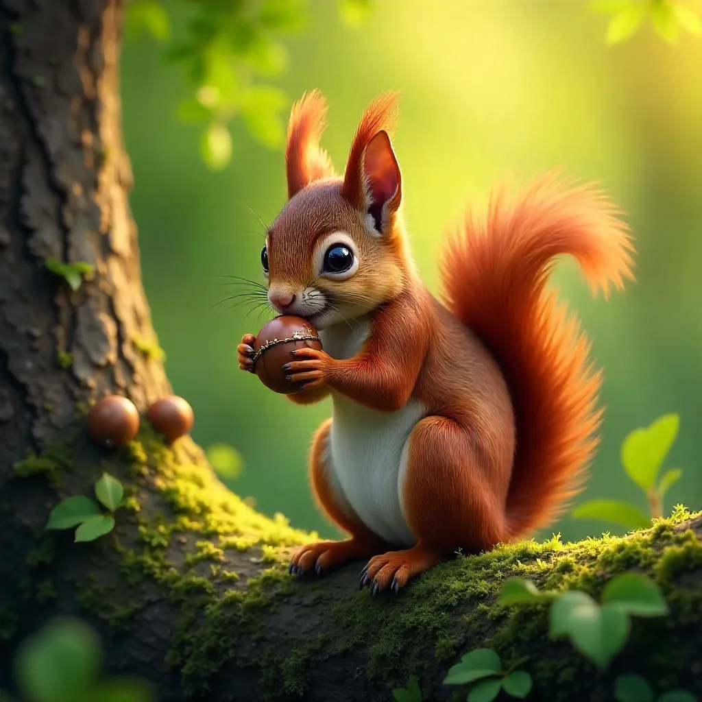 Cute Squirrel Eating Nut in Sunlit Forest Backdrop