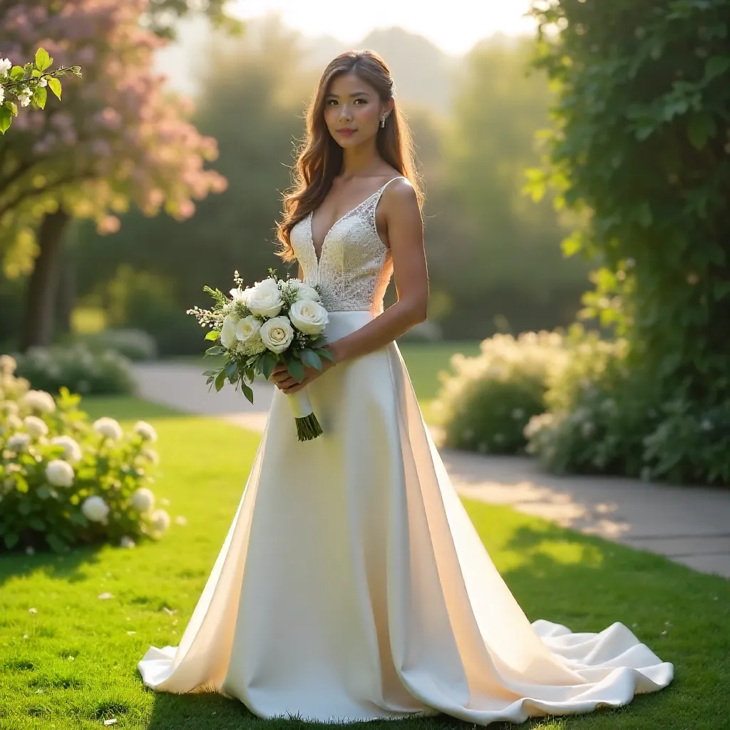 Stunning Bride in White Dress in a Serene Garden