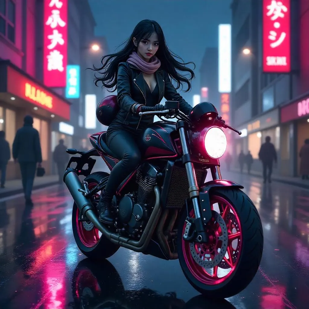 Elegant Asian Woman on a Neon Motorcycle (Anime)