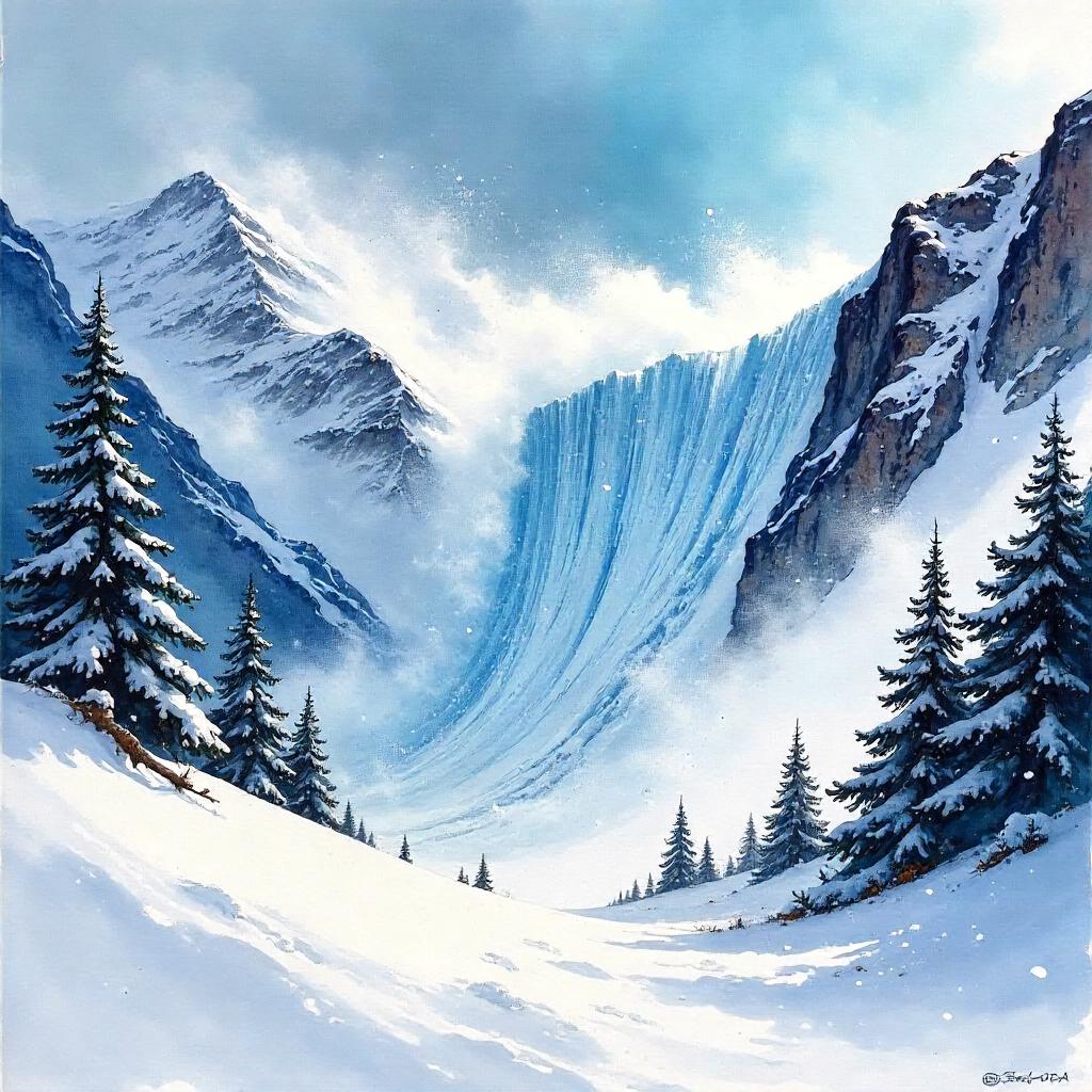 Watercolor Avalanche in a Blizzard Scene