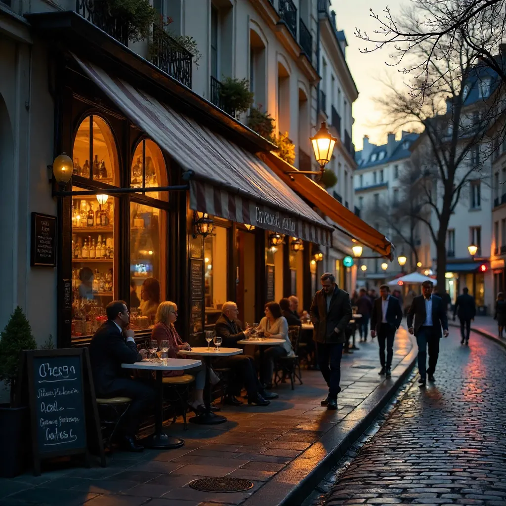 Dusk at a Cozy Parisian Café Facade