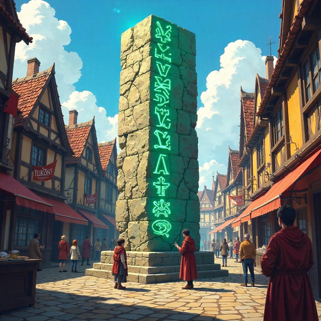 Runic Stone in a Bustling Town Square