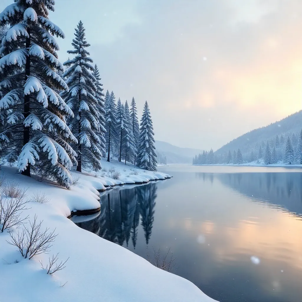 Peaceful Pine Forest by a Still US Lake at Dawn