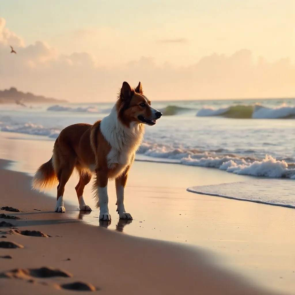 Brown Border Collie on a Tranquil Beach