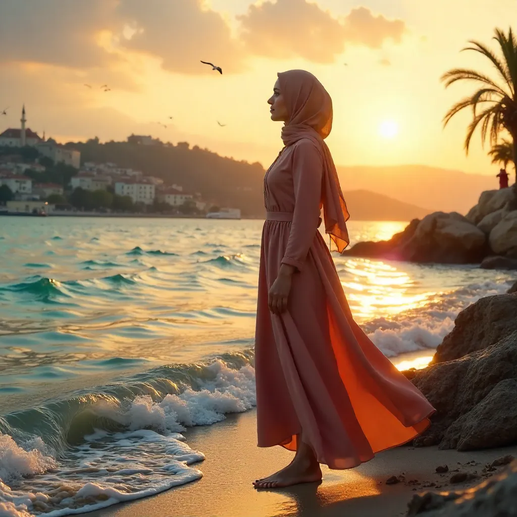 Hijab-Wearing Woman by Antalya Sunset