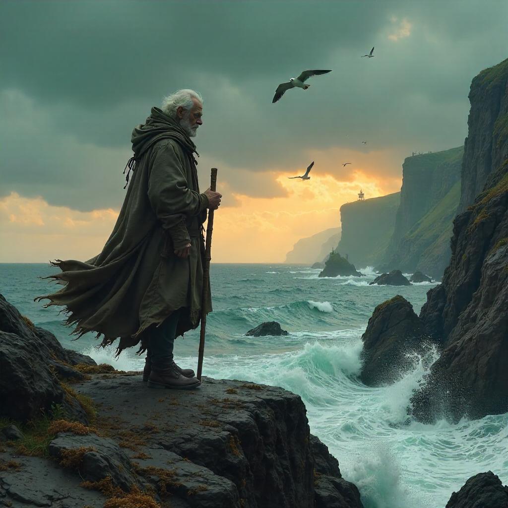 Elderly Wanderer on a Rocky Outcrop – Concept Art