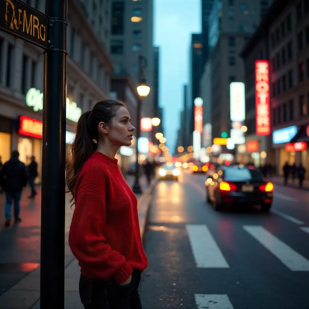City Street Moment: Woman in Red by Sign