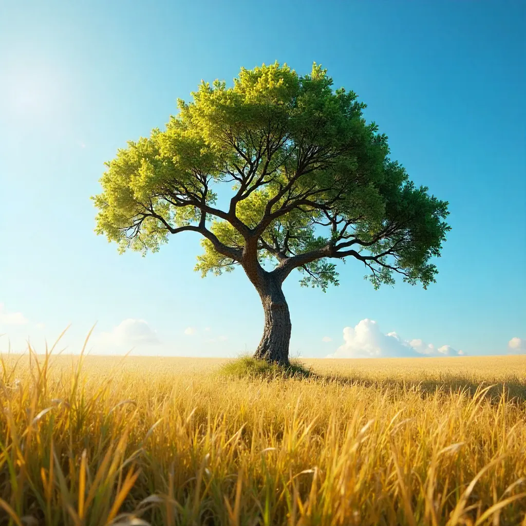 Solitary Tree in a Bright Field of Golden Grass