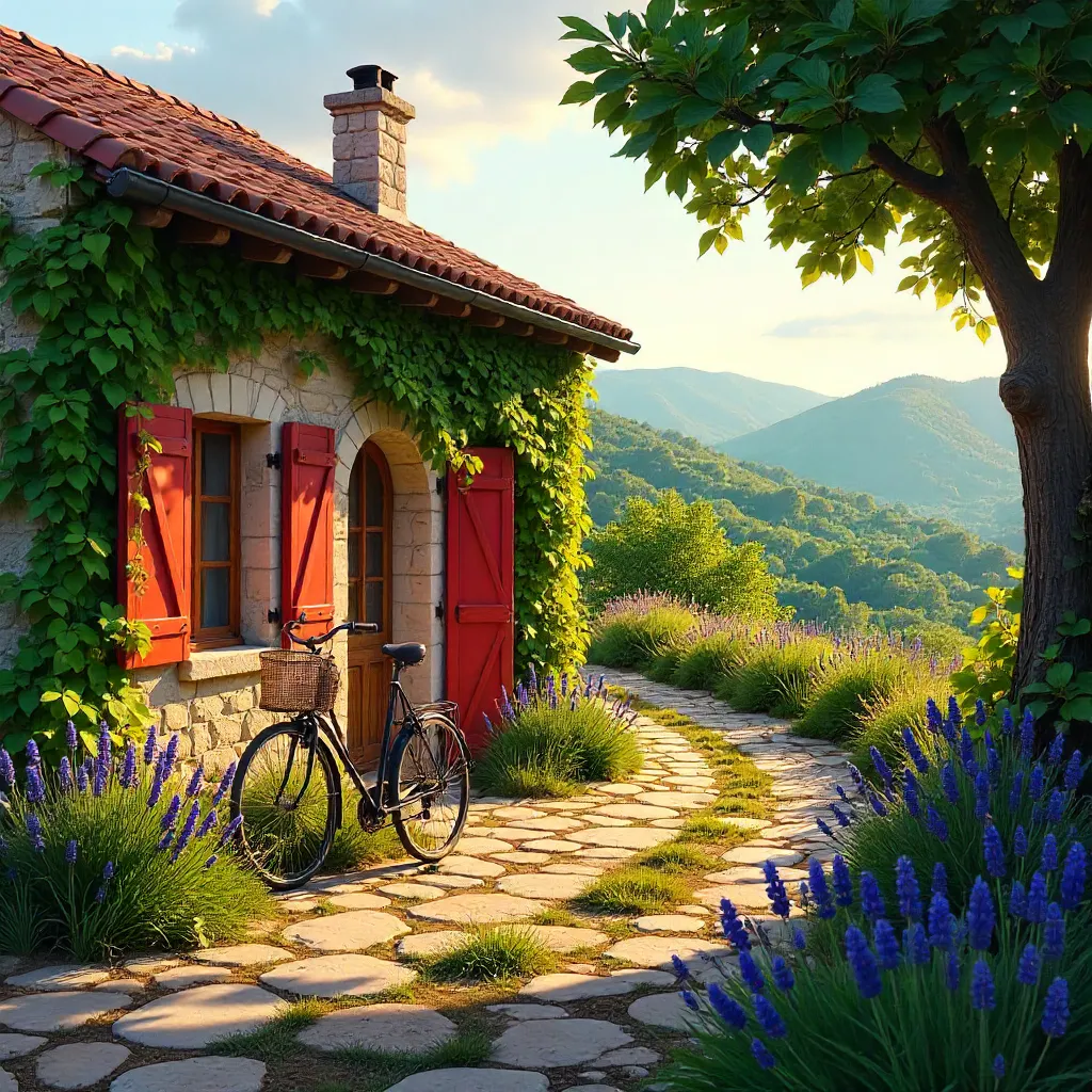 Ivy-Covered Rustic French Cottage at Golden Hour