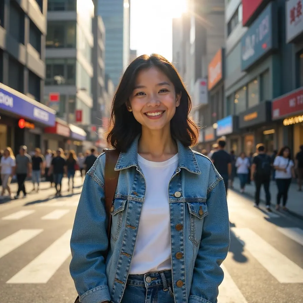 Cheerful Asian Girl in a Bustling Downtown Street