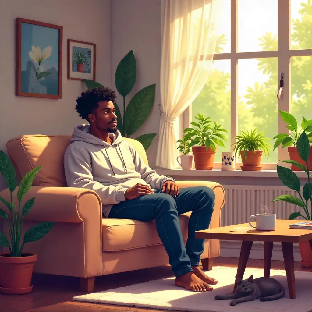 Cozy Anime Home: Adult Black Man at Rest