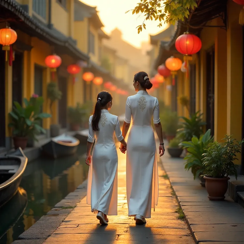 Mother and Daughter in White Ao Dai in Hội An