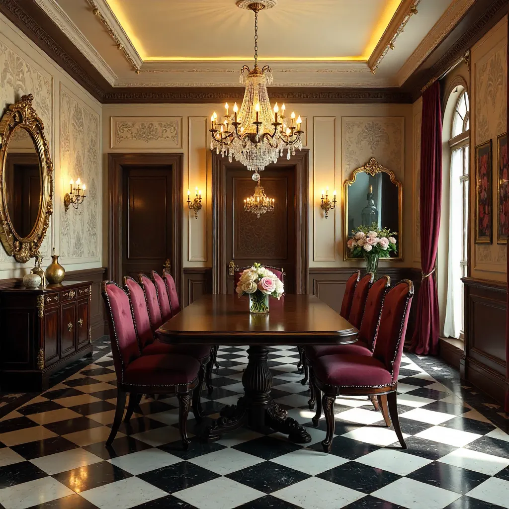 Elegant Vintage Dining Room with Chandelier and Checkered Floor