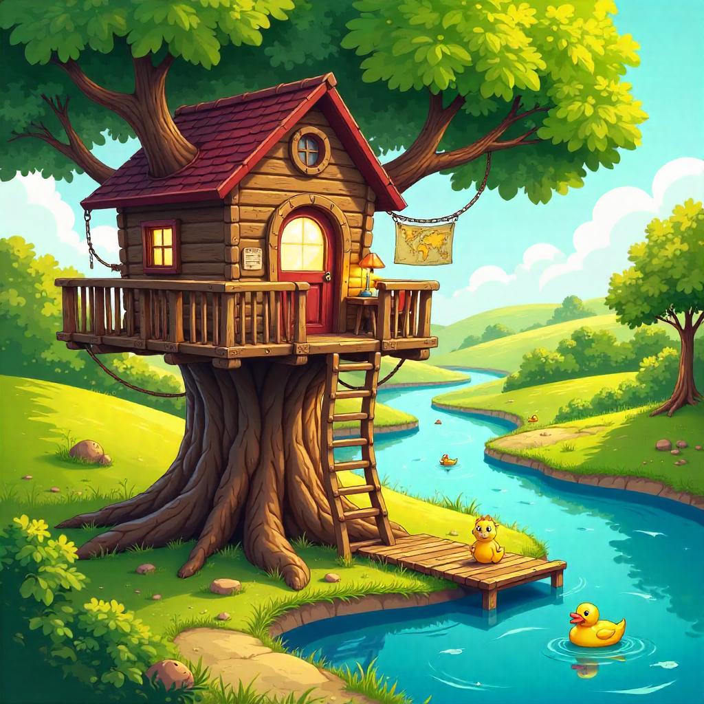 Cartoon River Adventure in a Cozy Tree House