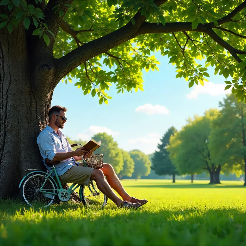 Sunlit Reading Under a Tree With a Bicycle