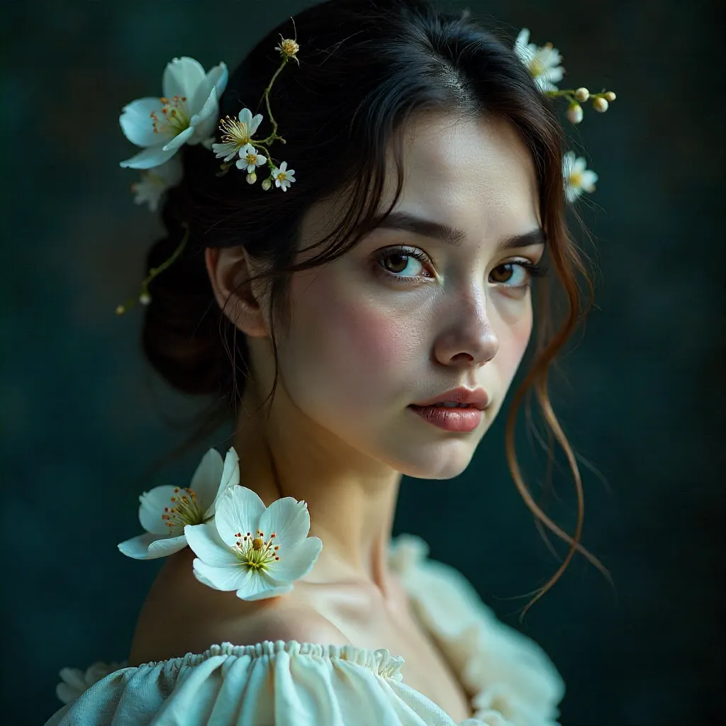 Moody Portrait: White Flowers, Soft Light