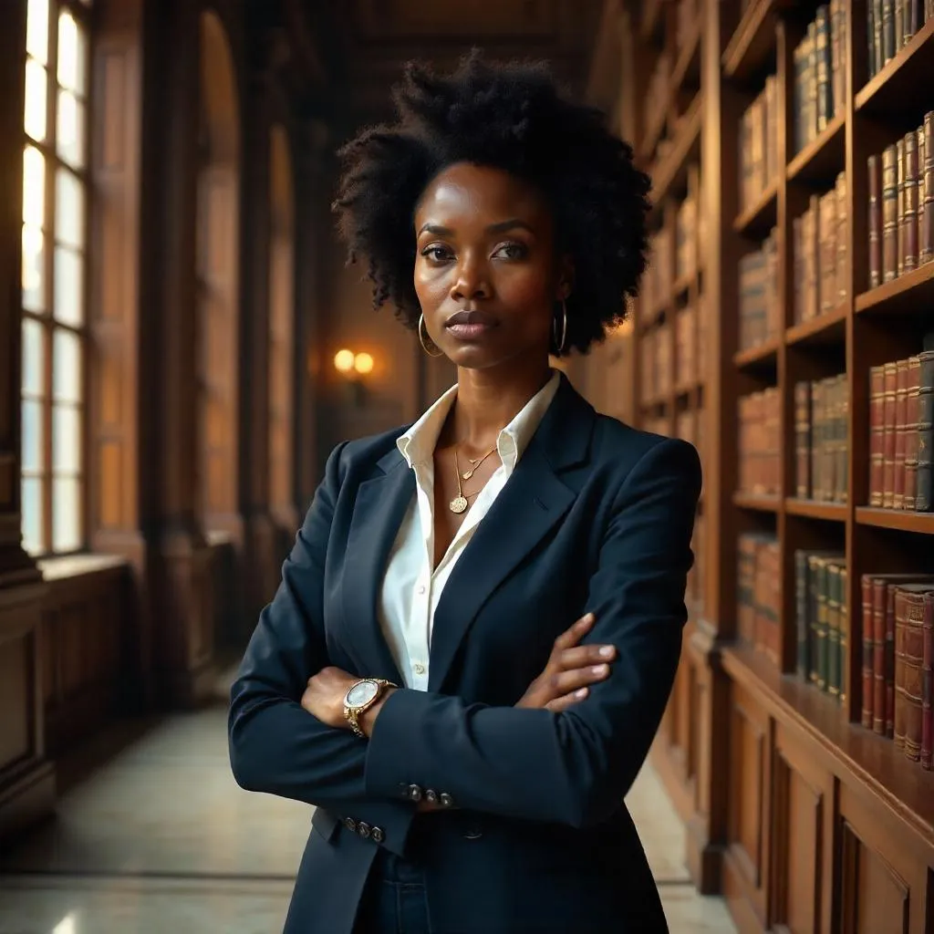Confident Black Woman in a Grand Library