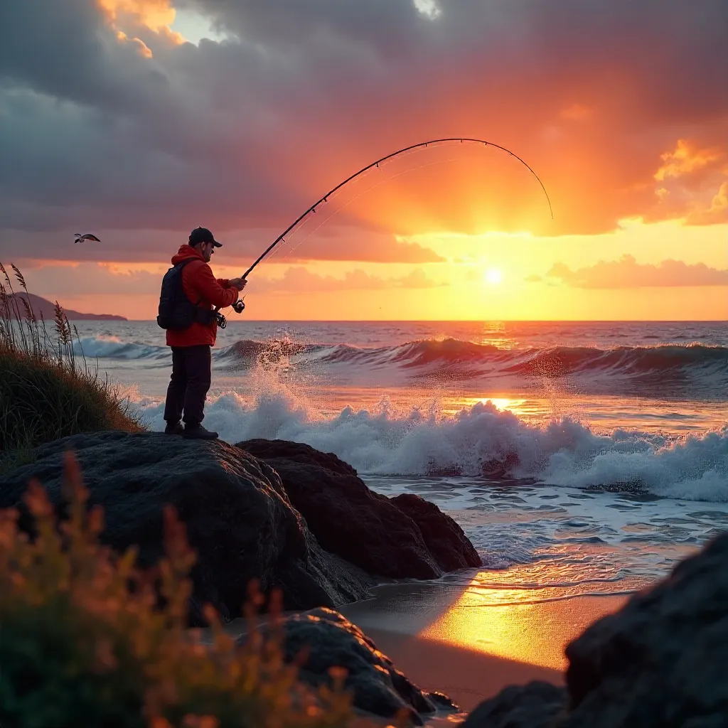 Fisherman Casting at Sunset in Still Bay