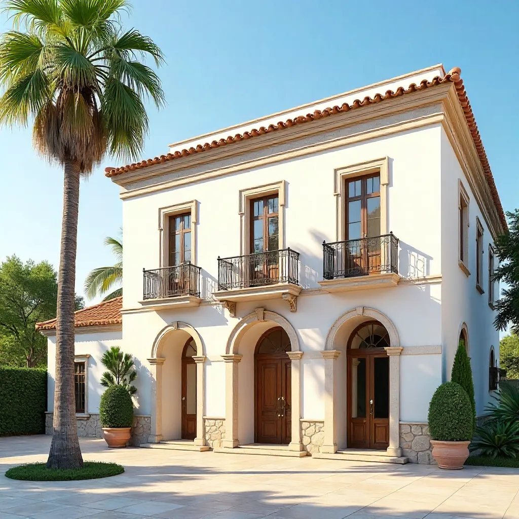Elegant Facade with Palm Tree Under Clear Sky