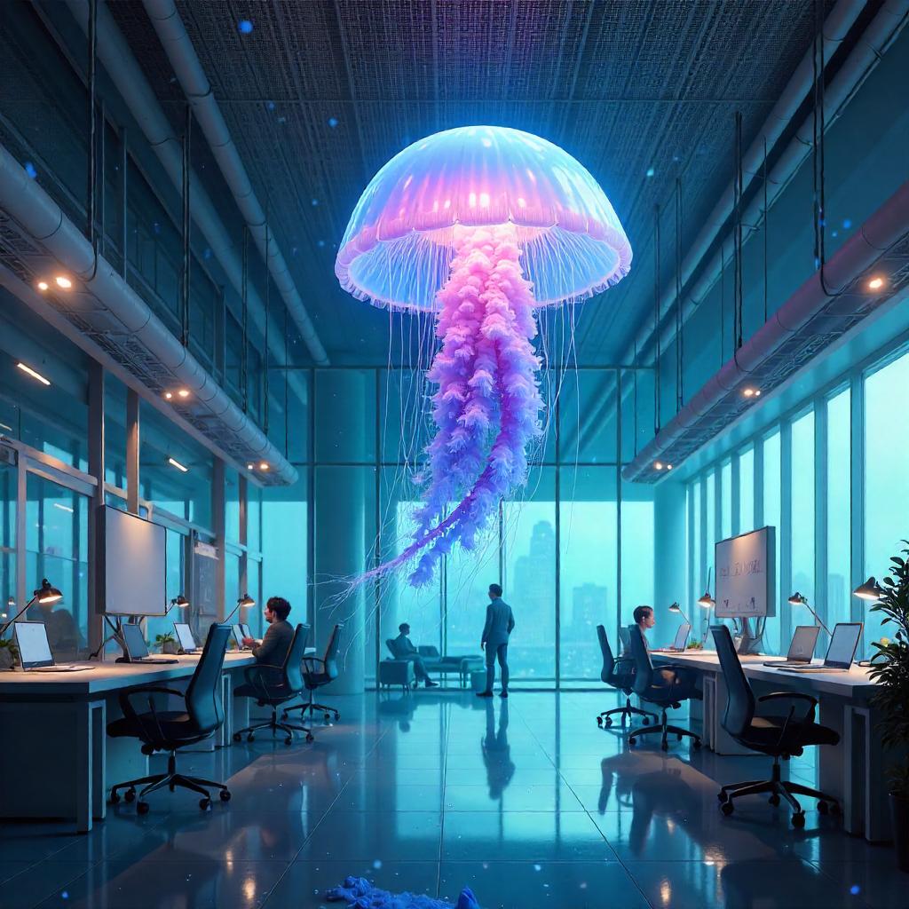 Jellyfish Concept Art in a Modern Office Building