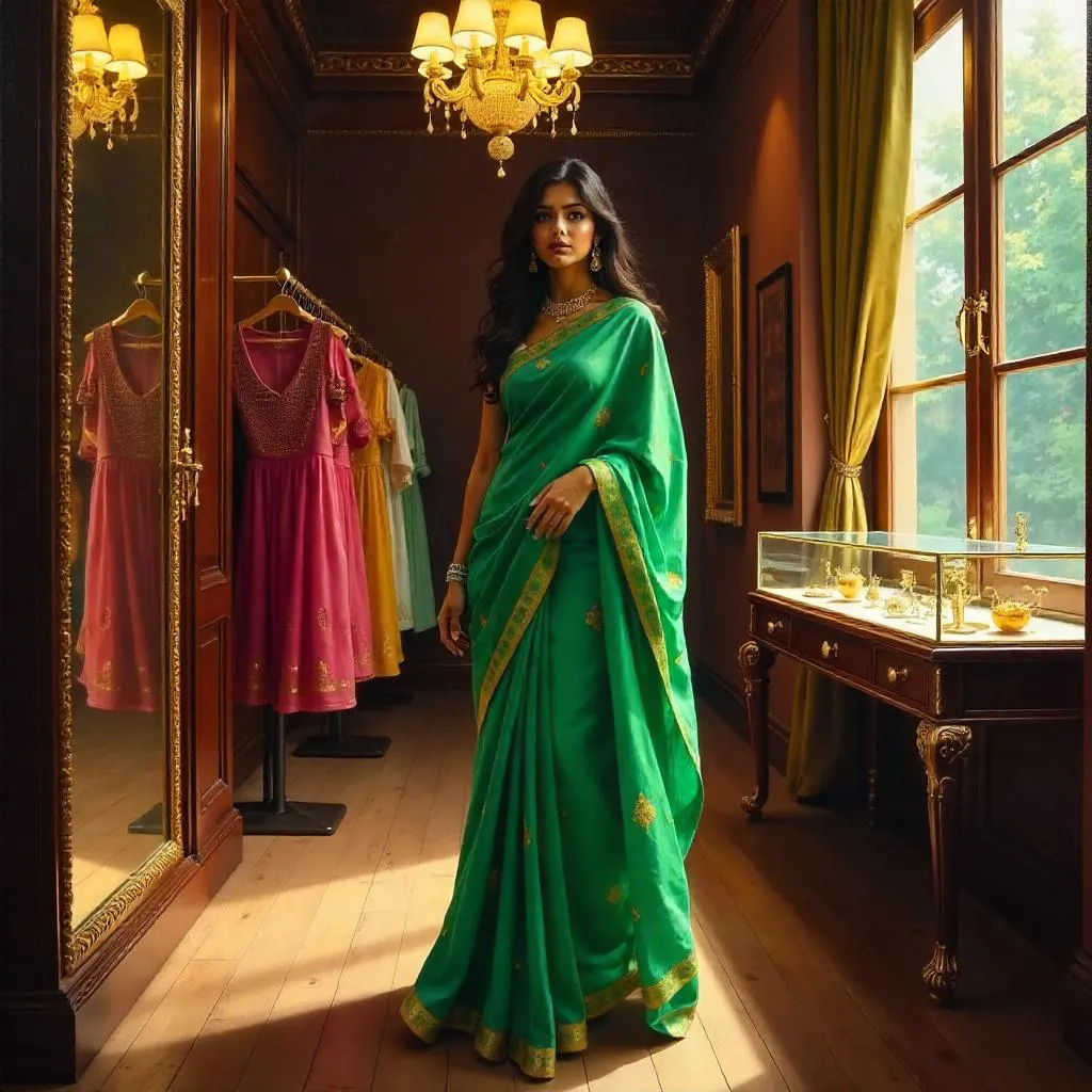Young Indian Woman in a Boutique – Oil Portrait