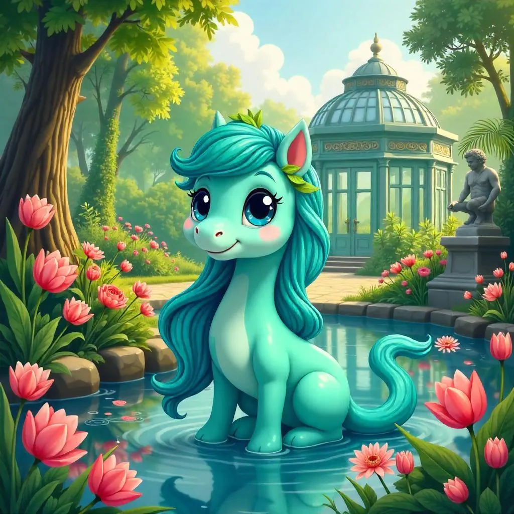 Playful Kelpie in a Cartoon Botanical Garden