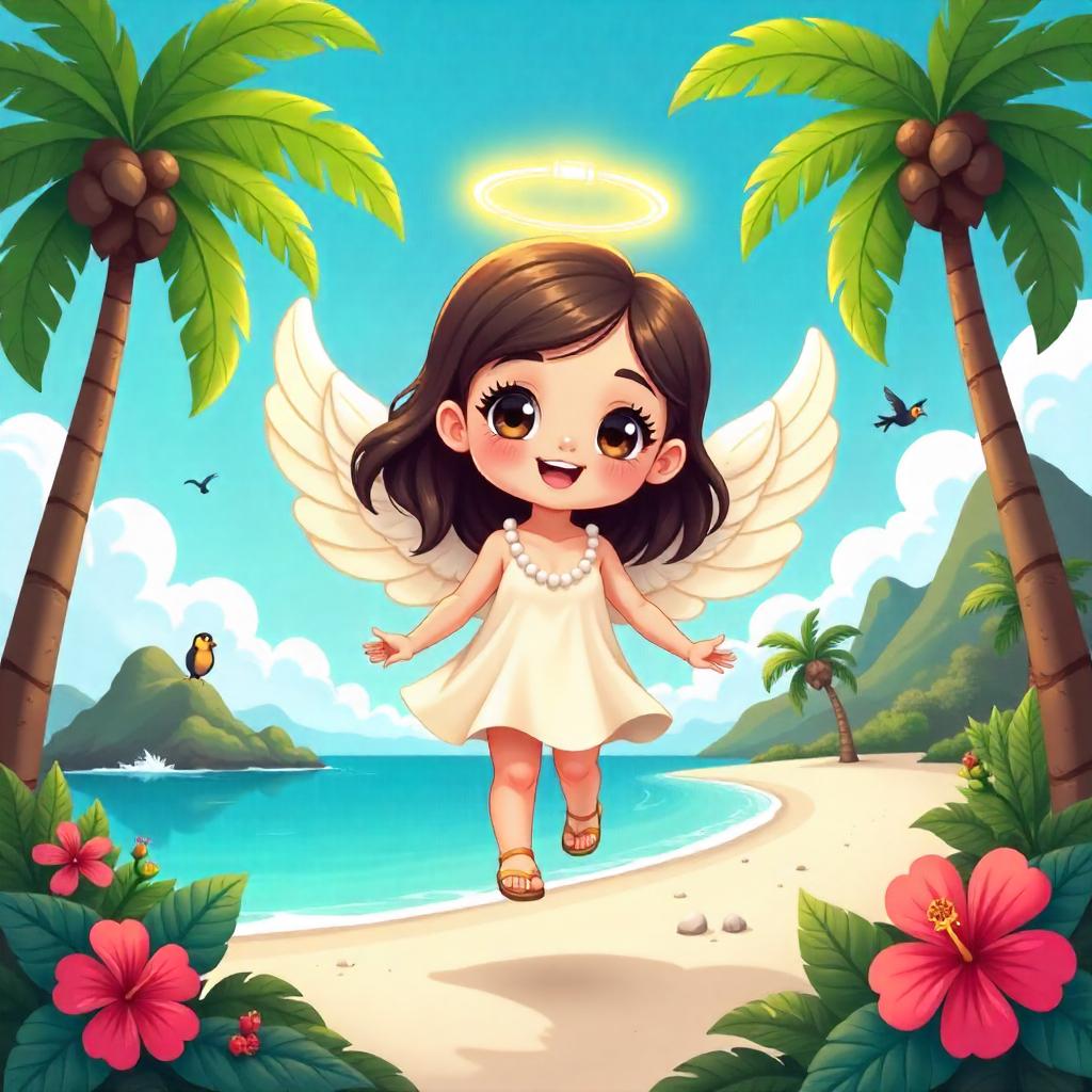 Cartoon Angel on a Tropical Island