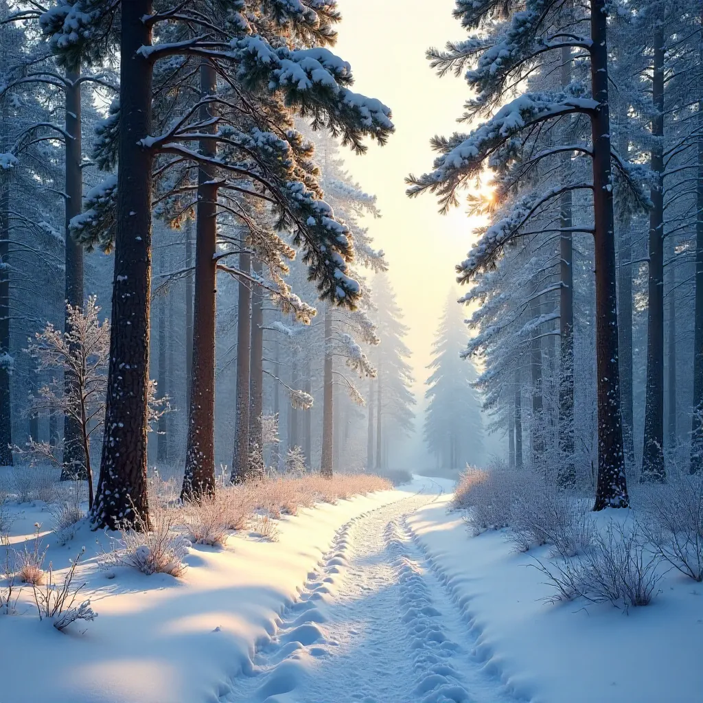 Tranquil Winter Forest Path with Snow-Covered Trees
