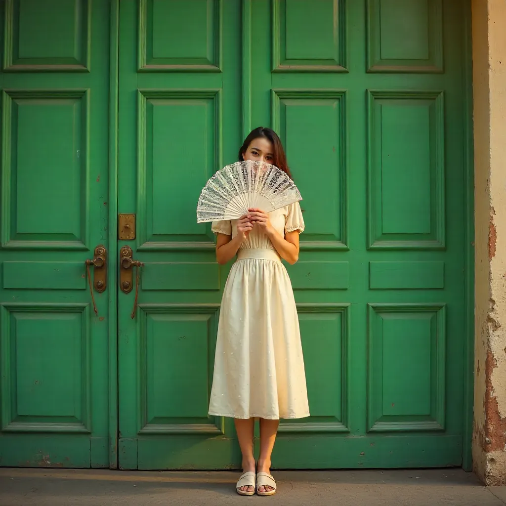 Woman with a Folding Fan Before Green Doors