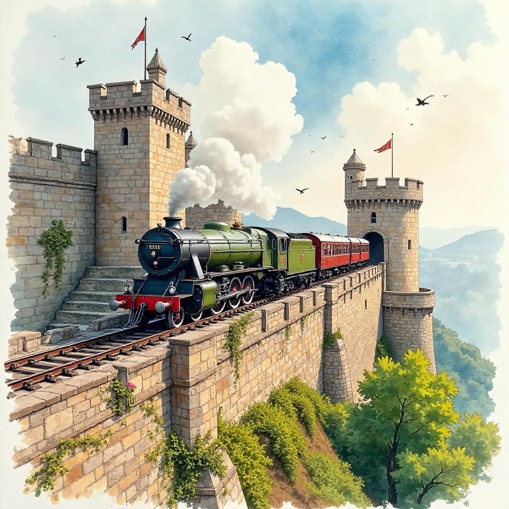 Watercolor Train on Castle Battlements