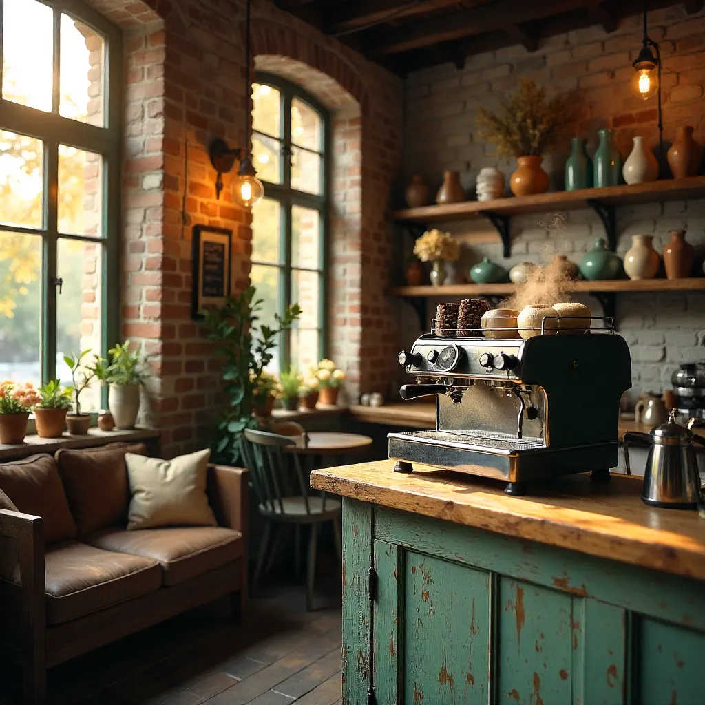 Charming Rustic Café Interior with Vintage Espresso