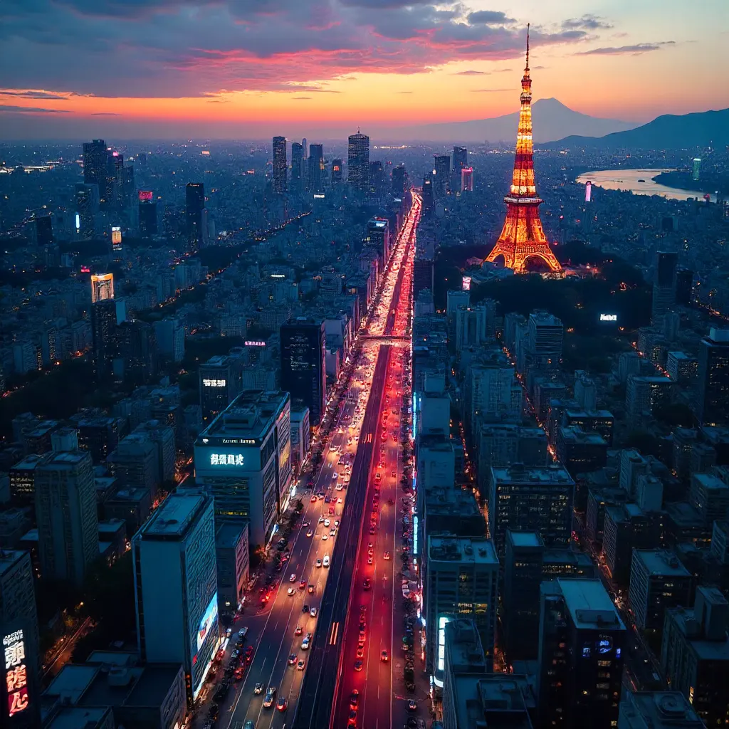 Dusk Over Tokyo: Aerial Neon Metropolis
