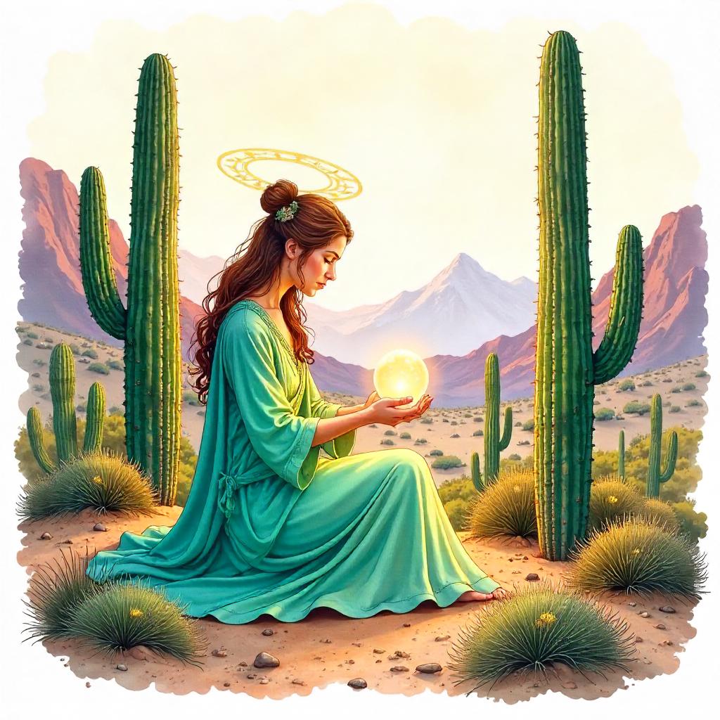 Oracle Amid Cacti in Watercolor Desert