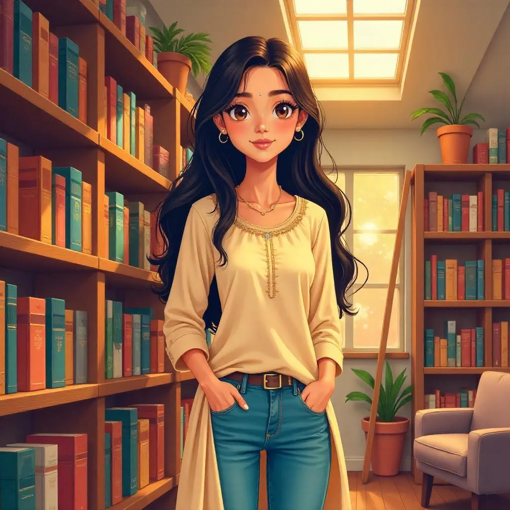 Anime Style Indian Woman in a Cozy Bookstore
