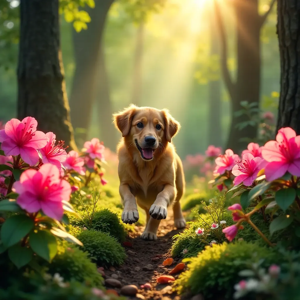 Playful Paws Among Rhododendrons